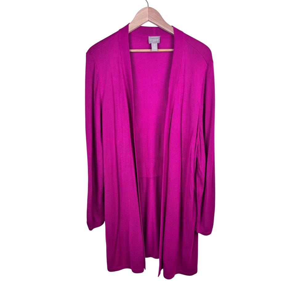 Chico's 3 XL Magenta Pink Long Cardigan Open Front Rayon Office Business Casual